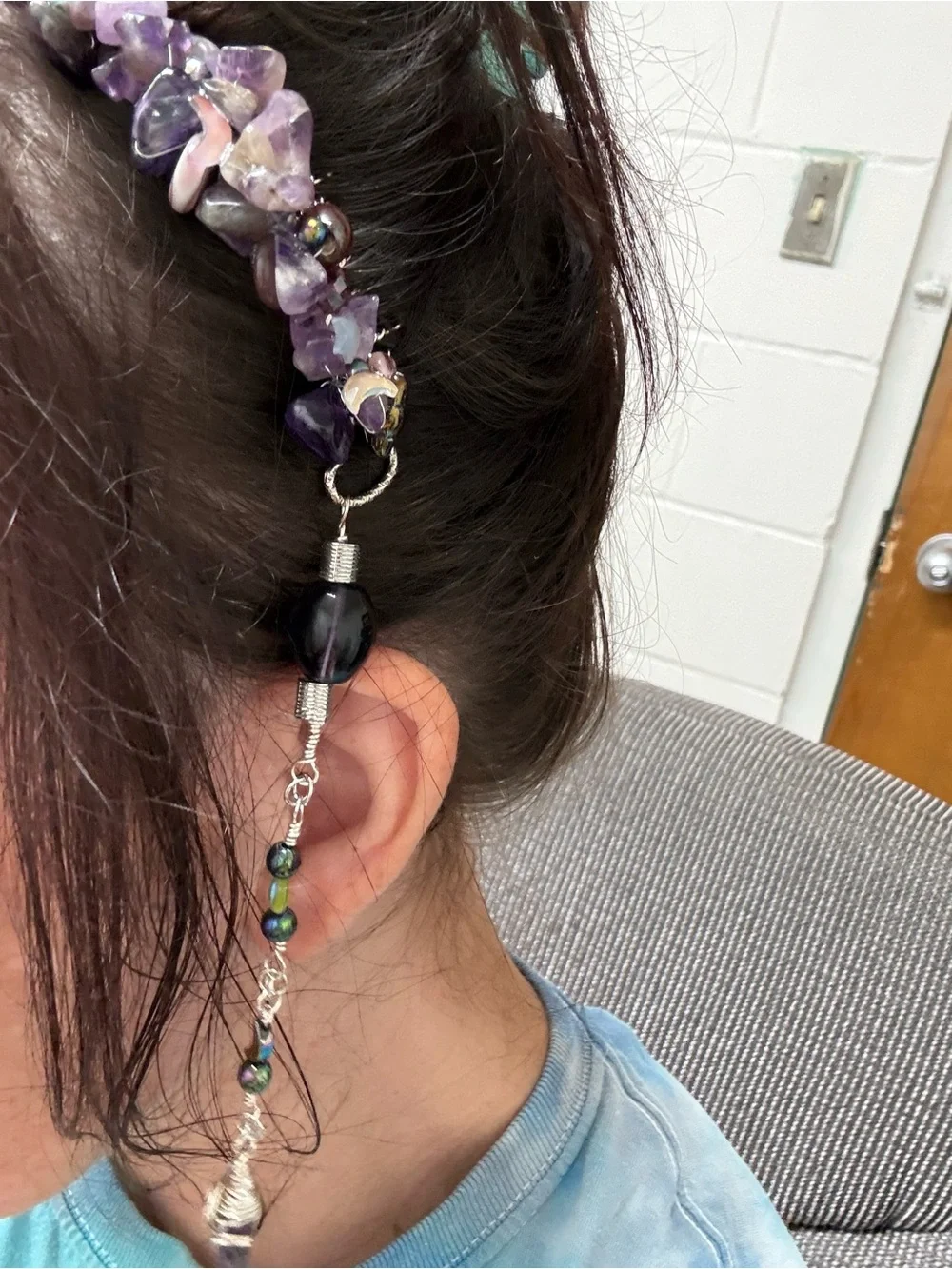 Handmade Wire Wrapped Amethyst Crystal Hair Comb with Dangle Charms